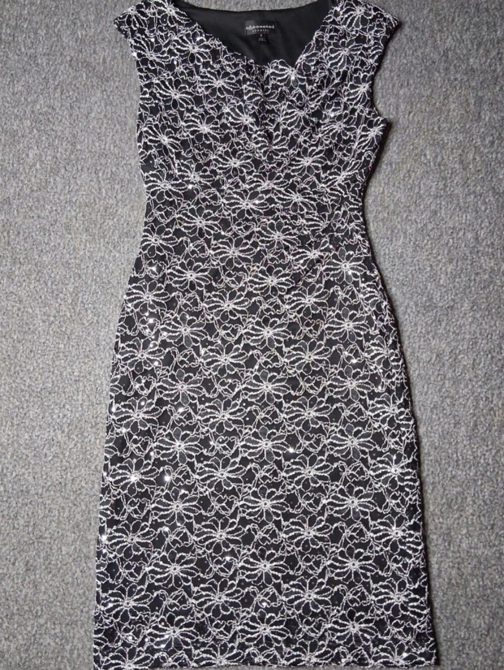 Connected Apparel Sequin Lace Cocktail Sheath Dress Black Silver 6